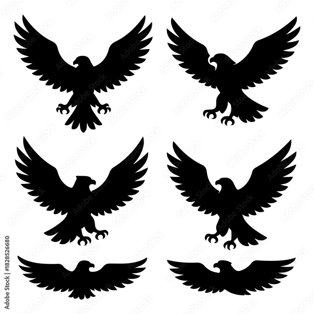 Obraz premium A diverse collection of six powerful eagle silhouettes with wings spread wide. Vector graphic icons of majestic birds of prey for emblems and logos