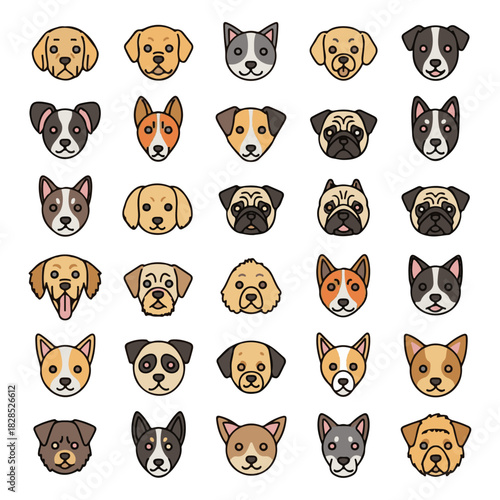Collection of illustrated dog faces, featuring various breeds and expressions, perfect for pet-related designs and themes