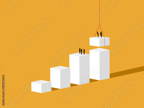 team of businessmen creates a business bar chart showing the steps of a growth ladder