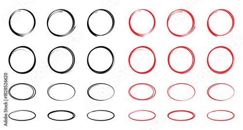 Hand drawn black and red circles and ovals set. Ellipses in red pencil doodle style. Round freehand shapes, emphasis highlights. Red round rough thin frames.