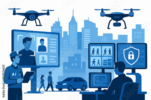 Modern City Security System with Drones and AI Surveillance.