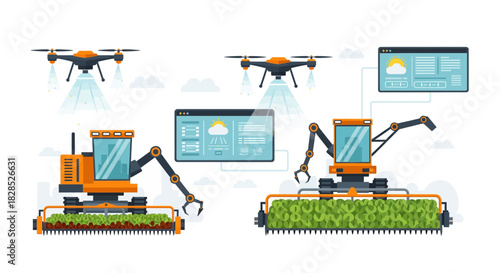 Modern Agriculture Technology with Drones and Automated Harvesters.