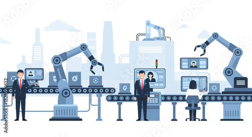 Modern automated factory with robotic arms and workers overseeing production lines.