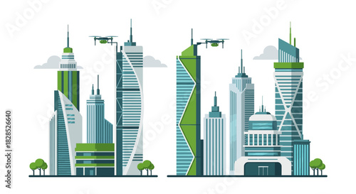 Modern Cityscape with Futuristic Skyscrapers and Green Architecture.