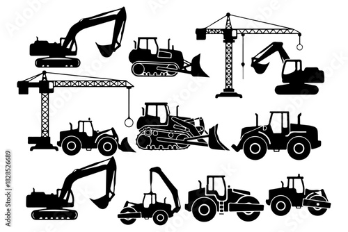 Collection of various construction and heavy machinery vehicles, including excavators, cranes, and bulldozers, illustrated in a clean, vector style for design projects