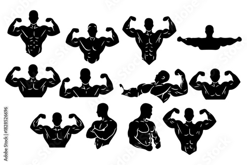 Set of silhouetted male bodybuilders showcasing muscular physiques and flexing in various dynamic poses, representing strength and fitness