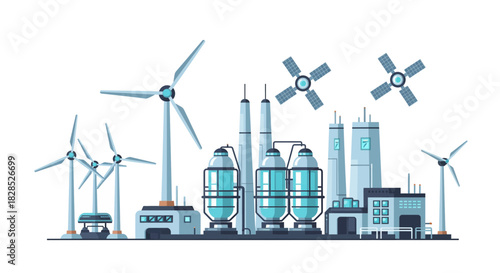 Modern Industrial Complex with Wind Turbines and Satellites.