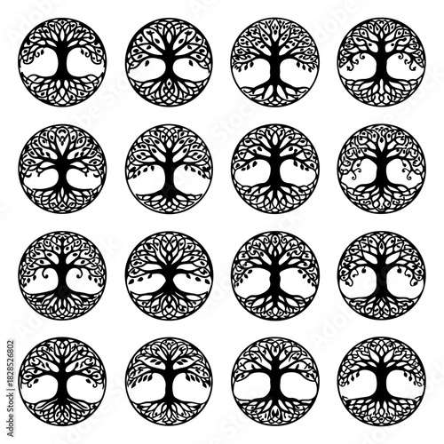 An Array of Tree of Life Icons A Symbolic and Spiritual Representation in a Circular Pattern, Suitable for Various Design Applications