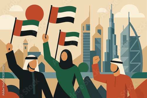 Geometric United Arab Emirates and Laos National Day illustration with stylized cultural motifs and simplified festive composition
