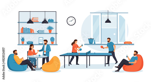 Modern Office Break Room with Ping Pong and Relaxation Areas.