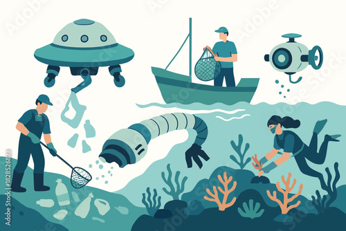 Ocean Cleanup with Futuristic Technology and Divers.