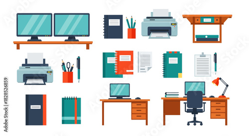 Office Supplies and Equipment Collection Flat Design.