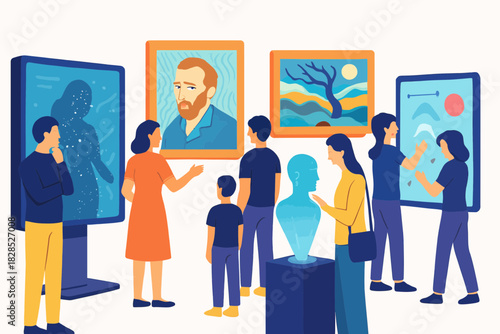 People admiring art in a modern museum exhibition hall.