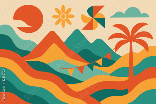 Abstract Westland holiday scene with flowing mountain forms stylized flora and minimal celebratory design