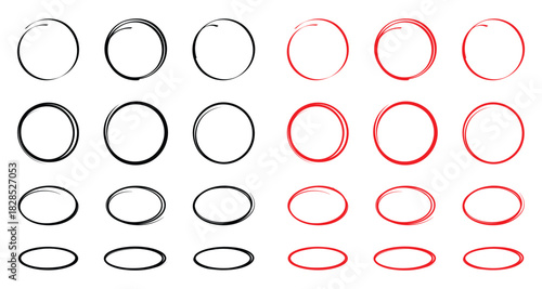 Drawn pen line oval set. Hand drawn marker stroke style doodle oval frame. Scribble round frame for text highlight. Vector illustration set. EPS 10