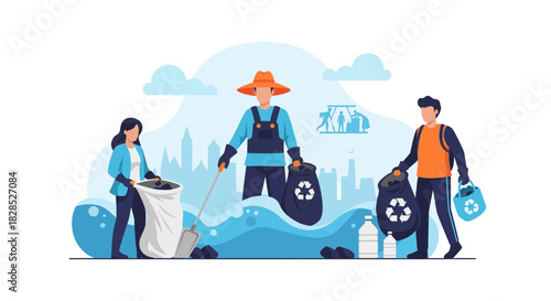People cleaning up plastic waste from water bodies for environmental protection.