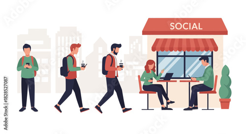 People enjoying coffee and using phones outside a social cafe.