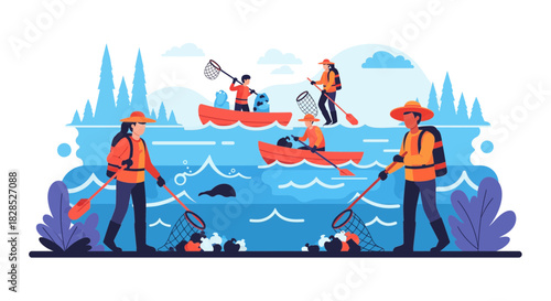 People cleaning up a river in kayaks and boats.