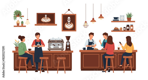 People enjoying coffee at a modern cafe counter with baristas serving.