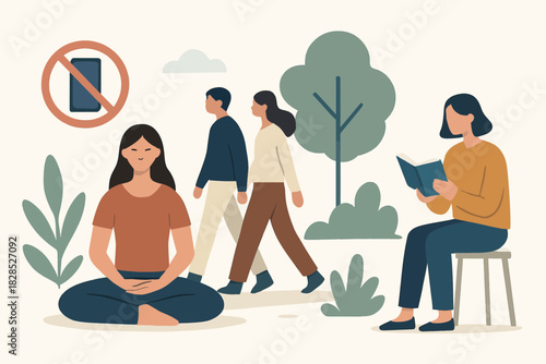 People enjoying mindful activities in a park setting.