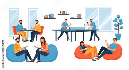 People enjoying leisure activities in a modern office space.