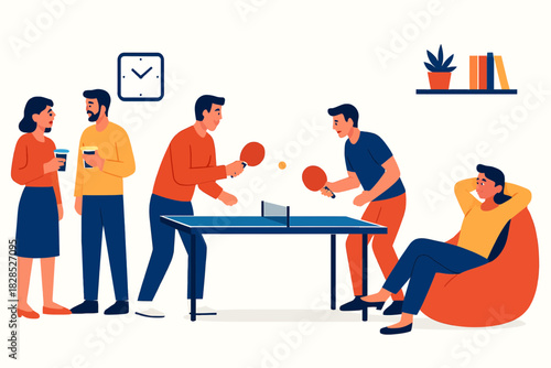 People playing table tennis in a modern office break room.