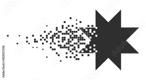 An eight-pointed dark grey star disintegrates into a scattered trail of pixels on a white background, illustrating digital decay.