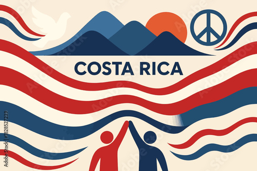 Abstract Costa Rica national holiday artwork featuring stylized mountains doves and cultural motifs in minimal design