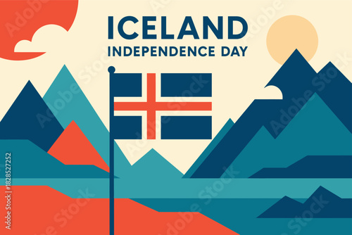 Abstract Iceland Independence Day illustration featuring stylized mountains coastline forms and cultural motifs in minimal style