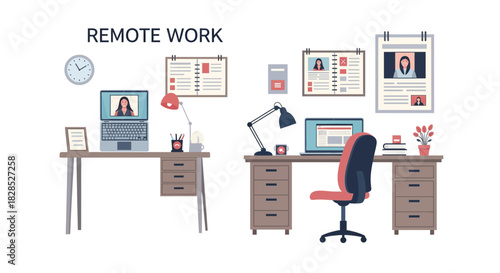 Remote Work Office Setup with Laptops and Video Calls.