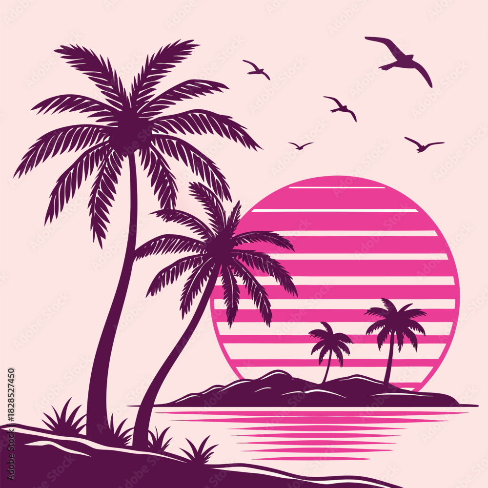 Fototapeta premium Retro sunset with palm trees and seagulls over water silhouette tropical