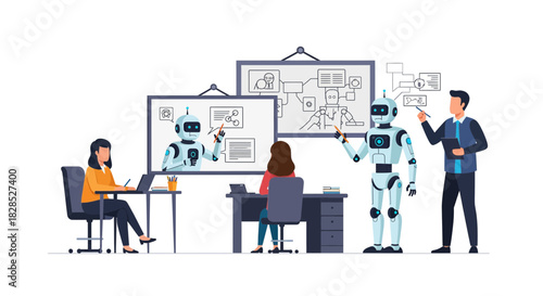 Robots and People in a Modern Office Setting Learning Together.