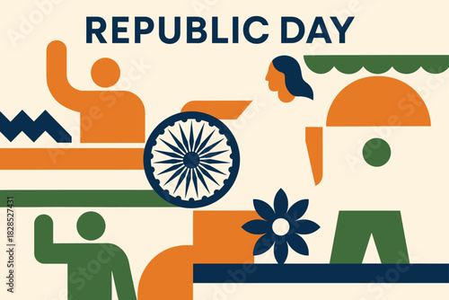 Modern Republic Day illustration showing simplified people bold abstract forms and clean celebratory themed elements