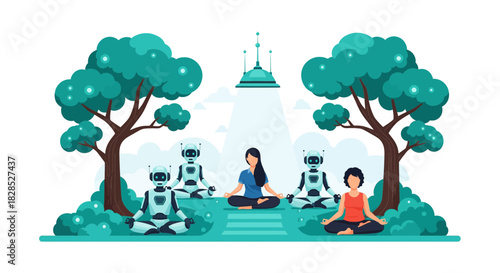 Robots and people meditating together in a serene park setting.