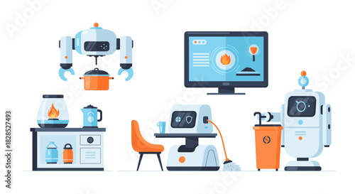Robots in a Modern Home and Kitchen Setting.