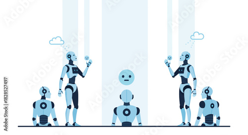 Robots Interacting with Futuristic Technology and AI.