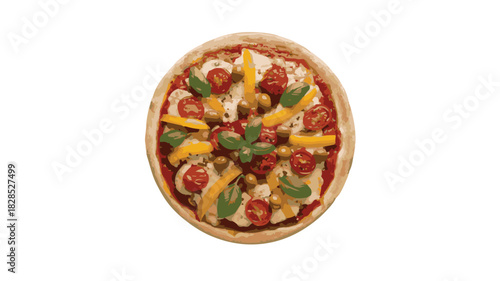 Overhead View of a Vegetarian Pizza Topped with Tomatoes Olives and Basil Keywords: pizza, vegetarian, food, italian, cuisine, meal, dish, round, baked, dough, crust, sauce