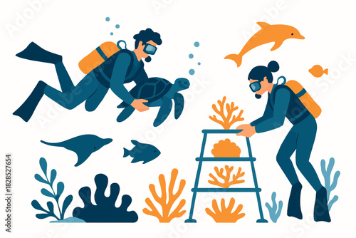 Scuba divers exploring coral reef and marine life underwater.