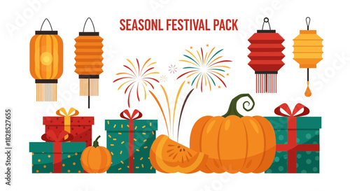 Seasonal Festival Pack with Lanterns Gifts Pumpkins and Fireworks.