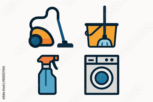 Set of Cleaning Supplies and Appliances Icons.