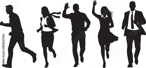 Diverse group of business people running together in silhouette isolated on transparent background