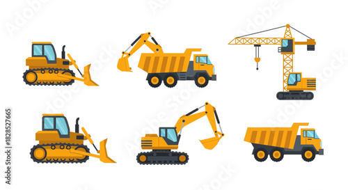 Set of Construction Vehicles and Heavy Machinery Illustrations.