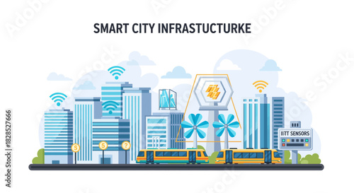Smart City Infrastructure with Futuristic Buildings and Transportation.