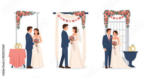 Set of Three Wedding Ceremony Scenes Featuring Couples.