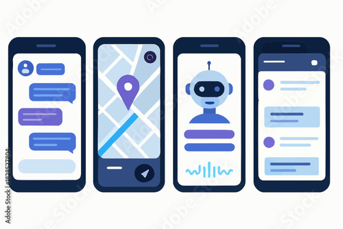 Smartphone Screens Displaying Chatbot Maps and Messaging Apps.