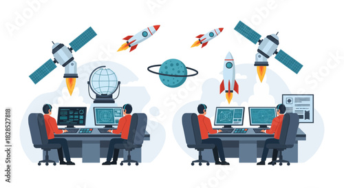 Space Mission Control Center with Astronauts Monitoring Rockets and Satellites.