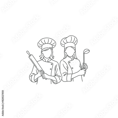 Two chefs with rolling pin and ladle line art cook baker culinary restaurant kitchen uniform hat food cooking profession career woman