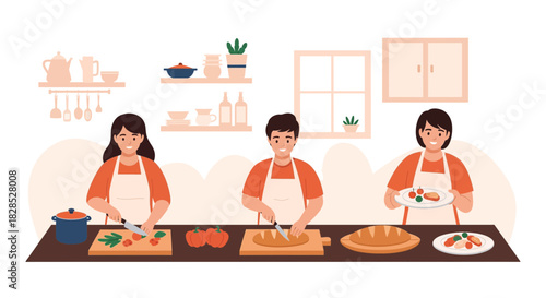 Three people happily cooking together in a kitchen preparing a meal.
