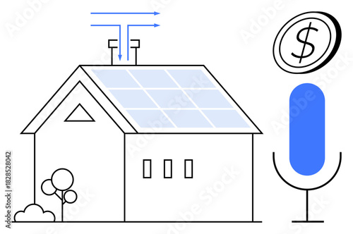 House with solar panels, trees, airflow, voice recognition symbol, and dollar coin. Ideal for sustainability, renewable energy, efficiency technology eco-living cost-saving innovation. Simple