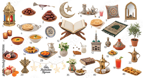 A vibrant collection of traditional Islamic objects and festive elements for Ramadan celebrations.